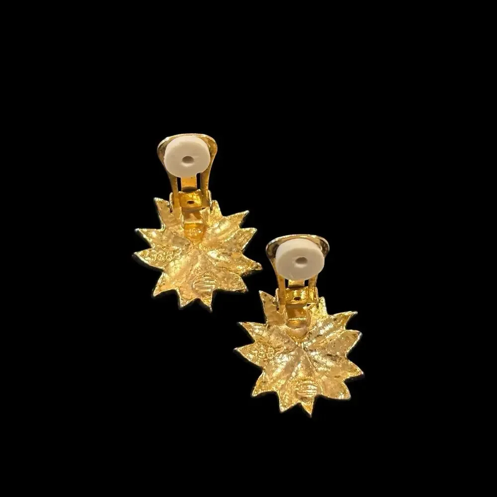 Vintage Red Enamel Poinsettia Flower Clip On Earrings Gold Tone CZ Christmas